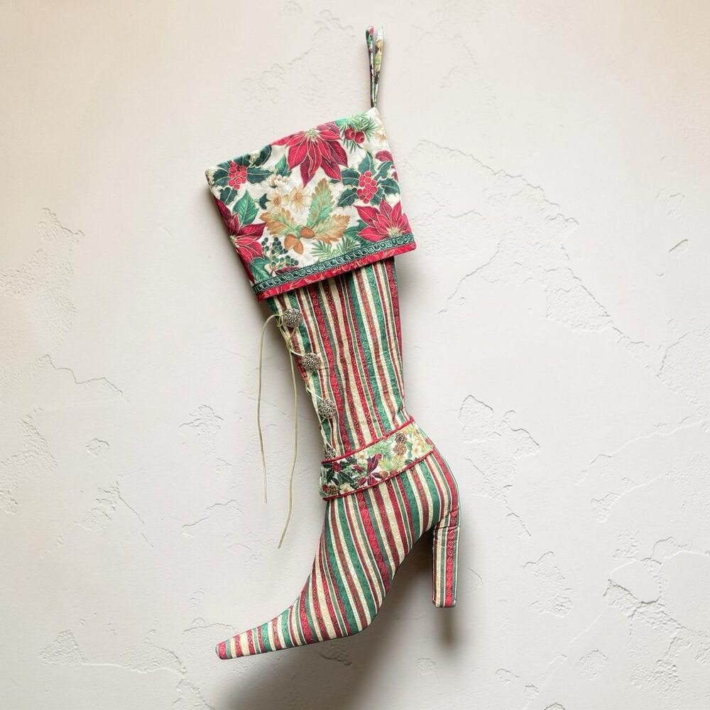 Vintage Handmade Christmas Stocking Victorian Lace Up Boot Poinsettia Decor 23”L